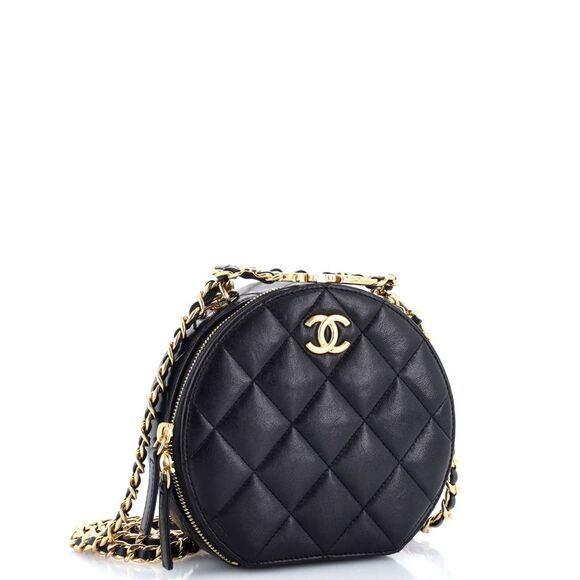 Chanel Oval Logo Chain Round Crossbody Bag Quilted Lambskin Black - Picture 2 of 7